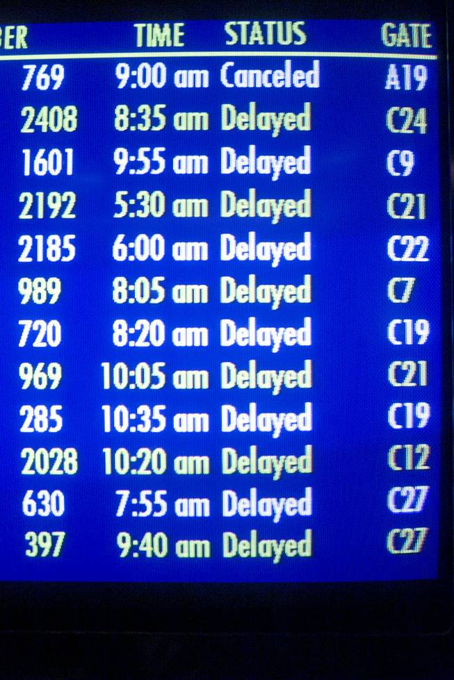The arrival and departure monitors at McCarran International Airport indicate the halt in air travel Tuesday, Sept. 11, 2001.