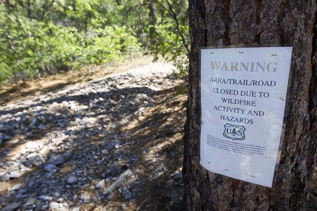 A sign lists a closure on Mt. Charleston Tuesday, May 27, 2014. Some areas and trails are still closed about one year after the Carpenter 1 Fire that scorched almost 28,000 acres in 2013.