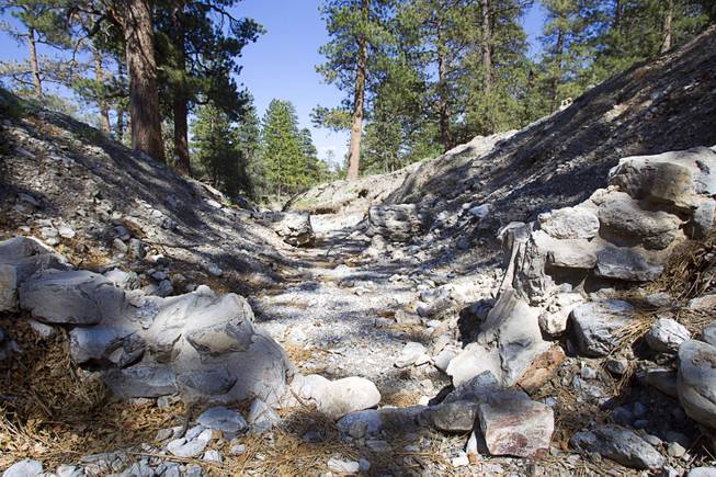 A view of a washed-out bridge by Forest Service administrative offices is shown on Mt. Charleston Tuesday, May 27, 2014. The bridge was destroyed by run-off after the Carpenter 1 Fire in 2013.