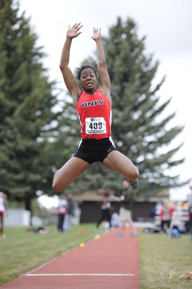 UNLV junior Krystal Wharton completes a long jump during the Mountain West Outdoor Championships in Laramie, Wyo.