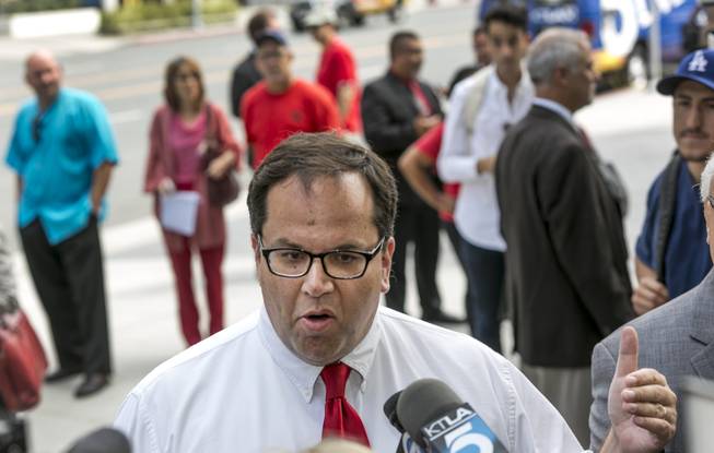 Alex Caputo-Pearl, president-elect of the United Teachers Los Angeles, UTLA, takes questions on the Vergara v. California lawsuit verdict in Los Angeles Tuesday, June 10, 2014.