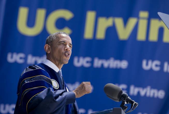 President Barack Obama delivers his commencement address to the graduates of University of California, Irvine, at Angel Stadium in Anaheim, Calif., Saturday, June 14, 2014.