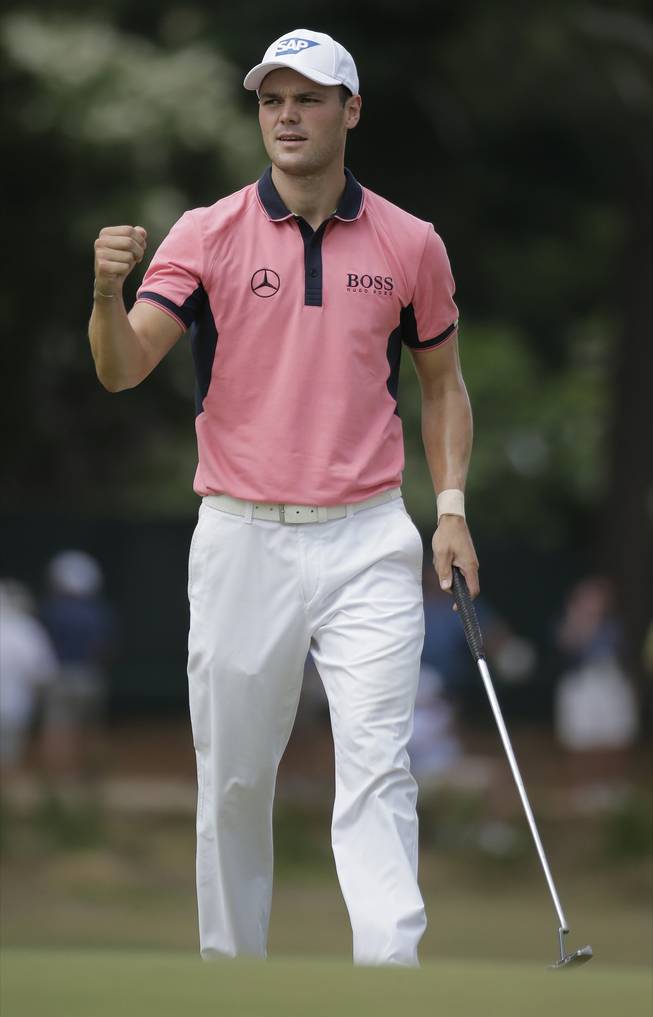 Martin Kaymer of Germany celebrates an eagle on the fifth green during the third third round of the U.S. Open golf tournament in Pinehurst, N.C., Saturday, June 14, 2014.