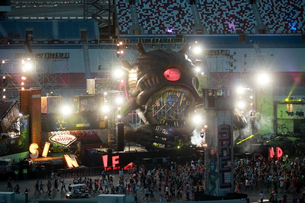 The Bass Con stage lights up during the first night of the Electric Daisy Carnival Friday, June 20, 2014 at the Las Vegas Motor Speedway.