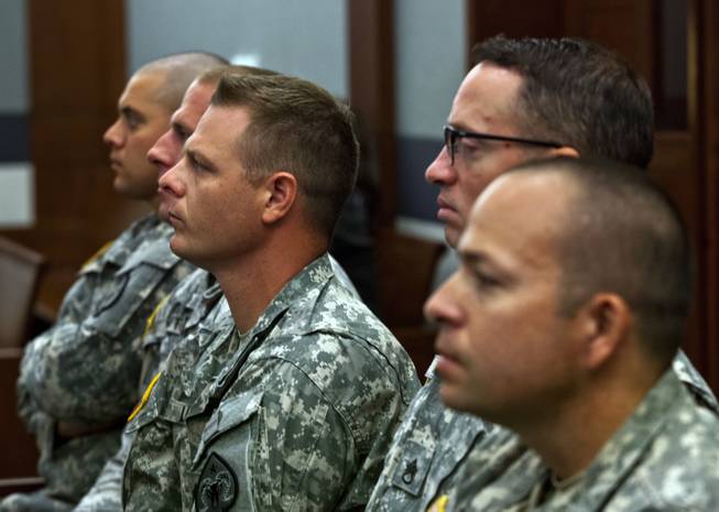 Military attendees in support of Dylan Joshua Salazar listen during the preliminary hearing for Julio Renteria and Adrian McClintock at the Justice Center on Friday, June 20, 2014.  Salazar was with the Nevada National Guard.