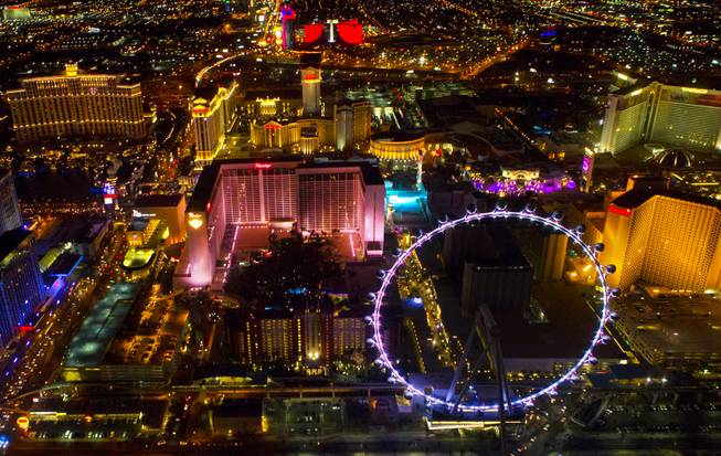 A view of the High Roller at the Linq from a Maverick Helicopter on the way to opening night of the Electric Daisy Carnival on Friday, June 20, 2014, at Las Vegas Motor Speedway.