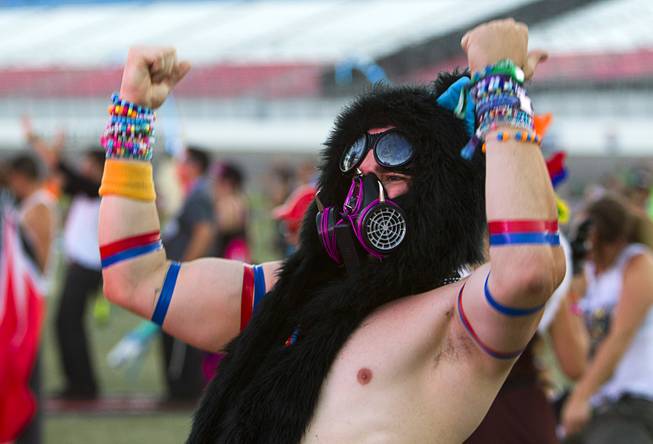 Jonathan Marshall of Virginia dances in the cosmicMEADOW during the final day of the 2014 Electric Daisy Carnival (EDC) at the Las Vegas Motor Speedway Sunday, June 22, 2014.