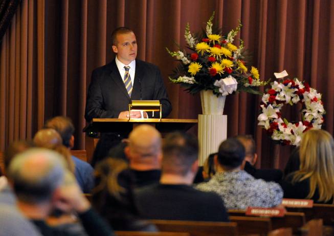 Pastor Steve Withey speaks during a memorial service for Joseph Wilcox at Palm Downtown Mortuary and Cemetery on Sunday, June 22, 2014. Wilcox, 31, was killed trying to stop Jerad and Amanda Miller in the midst of their shooting spree at an east valley Walmart store on June 8.
