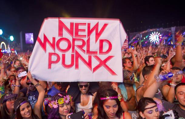 Fans show their support for New World Punx during the final night of the 2014 Electric Daisy Carnival (EDC) at the Las Vegas Motor Speedway Sunday, June 22, 2014.