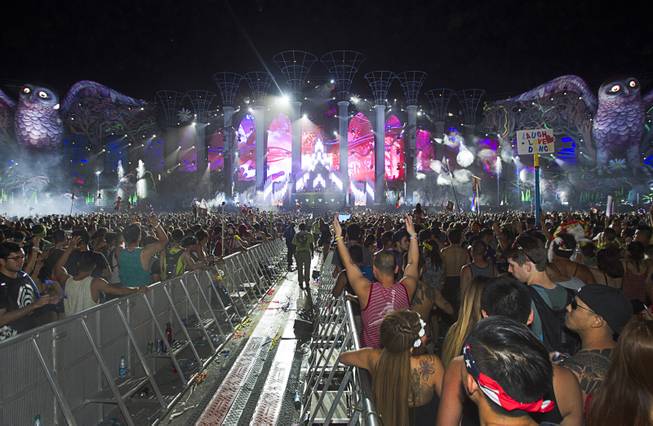 The audience react to music by New World Punx during the final night of the 2014 Electric Daisy Carnival (EDC) at the Las Vegas Motor Speedway Sunday, June 22, 2014.