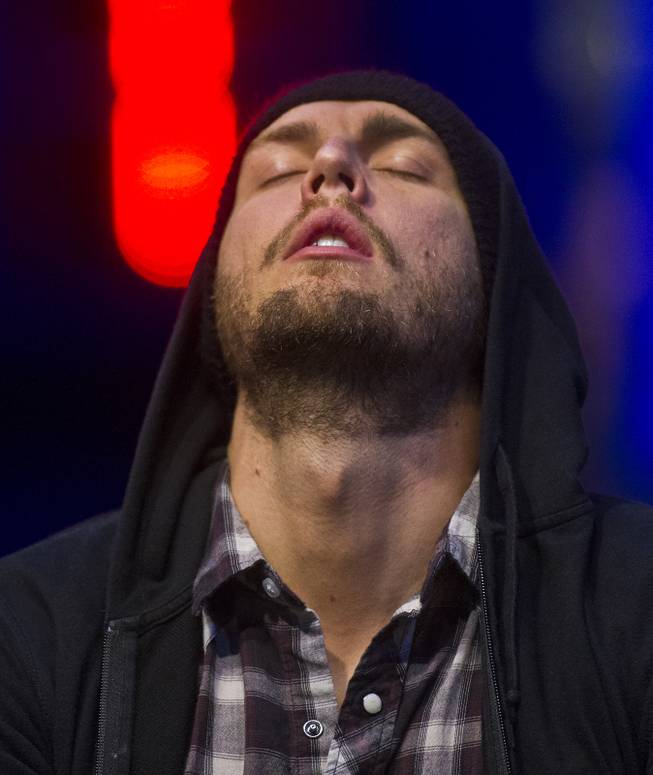 WSOP player Brandon Shack-Harris puts back his head in frustration during the Poker Players Championship final table of professional poker players at the Rio on Thursday, June 26, 2014