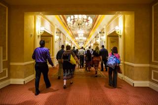 In hopes of being the next Jeopardy champion, 20 wannabe contestants from different parts of the United States make their way toward the quiz show Jeopardy auditions at the Venetian Hotel in Las Vegas, Monday, June 23, 2014.