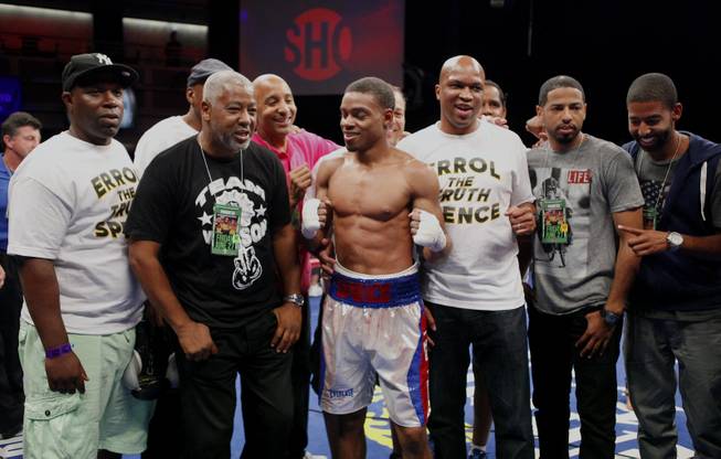 Errol Spence Jr. celebrates his win with his team over Pennsylvania's Ronald Cruz as ShoBox: The New Generation on SHOWTIME presents their welterweight fight at the Hard Rock Hotel & Casino on Friday, June 27, 2014.