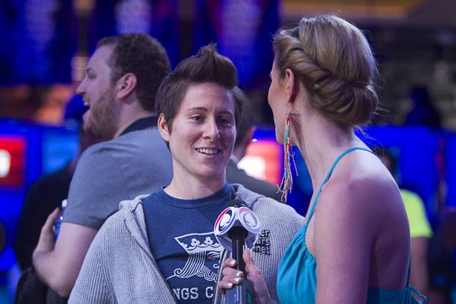 Vanessa Selbst, left, is interviewed before the start of the Big One for One Drop, a $1,000,000 buy-in No-Limit Hold'em charity poker tournament, at the Rio Sunday, June 26, 2014. The $1 million buy-in is the largest ever for a poker event. Proceeds support One Drop projects in countries experiencing serious difficulties caused by inadequate access to water.