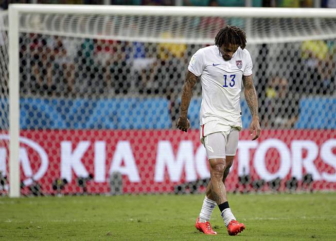 United States' Jermaine Jones walks off the pitch at the end of the extra time during the World Cup round of 16 soccer match between Belgium and the USA at the Arena Fonte Nova in Salvador, Brazil, Tuesday, July 1, 2014.
