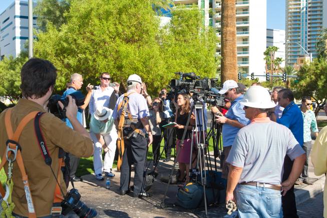 David Siegel, Founder and CEO of Westgate Resorts, talks with the press before being hoisted up over 200 feet to remove the LVH letters off their newly purchased property, Tuesday July 1, 2014.