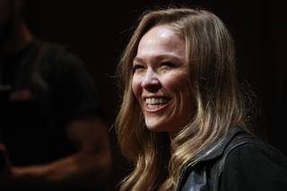 UFC women's bantamweight champion Ronda Rousey answers a question during a media availability in advance of UFC 175 on Thursday, July 3, 2014, at Mandalay Bay.