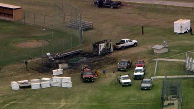 This photo from video provided by WFAA-TV in Dallas shows the aftermath of a fireworks explosion in Comanche, Texas, Thursday, July 3, 2014.