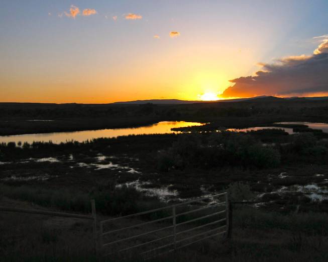The sun sets over wetlands on the Escalante Ranch, in northeast Utah, on June 11, 2014. The ranch is the largest Chinese owned alfalfa farm in the United States, used to supply China&apos;s growing dairy farms. 