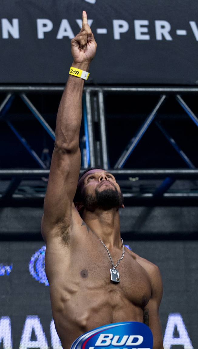 Middleweight Thiago Santos points above during the UFC 175 weigh ins at the Mandalay Bay Resort on Friday, July 4, 2014.