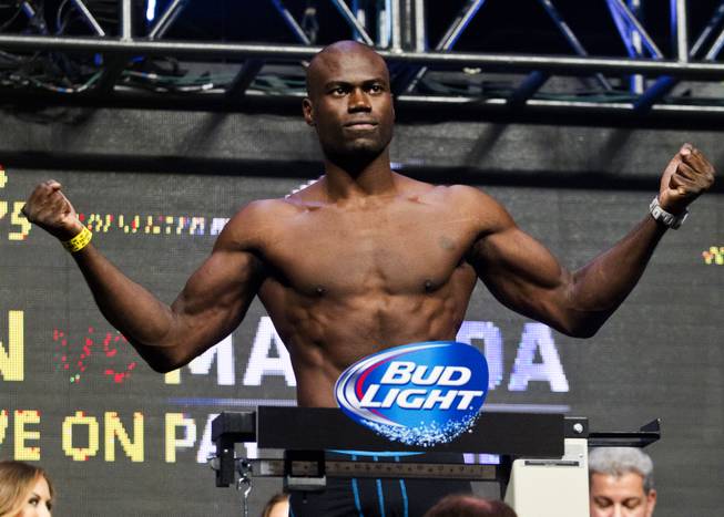 Middleweight Uriah Hall flexes for the crowd during the UFC 175 weigh ins at the Mandalay Bay Resort on Friday, July 4, 2014.