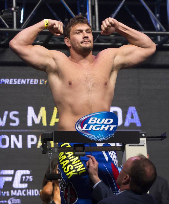 Heavyweight Matt Mitrione flexes during the UFC 175 weigh ins at the Mandalay Bay Resort on Friday, July 4, 2014.  L.E. Basko