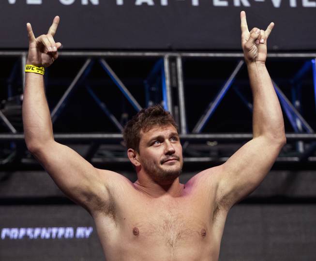 Heavyweight Matt Mitrione salutes the fans during the UFC 175 weigh ins at the Mandalay Bay Resort on Friday, July 4, 2014.