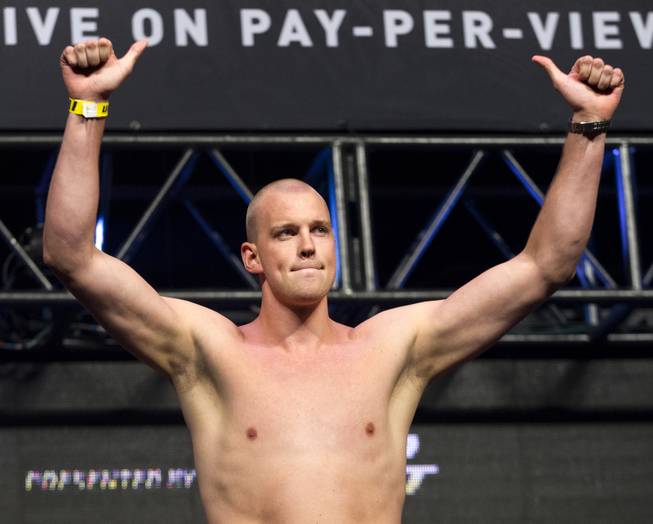 Heavyweight Stefan Struve celebrates with the fans during the UFC 175 weigh ins at the Mandalay Bay Resort on Friday, July 4, 2014.
