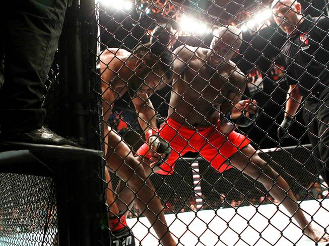 Eddie Gordon sends Dhiego Lima to the mat with a first round knock out during their fight at "The Ultimate Fighter" 19 finale Sunday, July 6, 2014 at the Mandalay Bay Events Center.