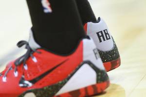 Cleveland Cavaliers forward Anthony Bennett wears custom shoes during the Cavaliers NBA Summer League game against the Milwaukee Bucks Friday, July 11, 2014 at the Cox Pavilion.