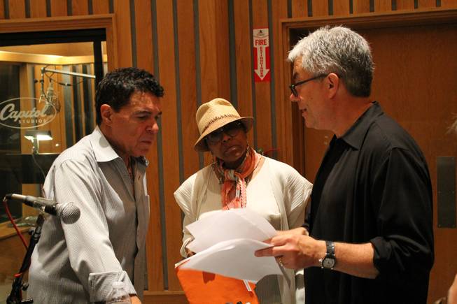 Clint Holmes, Dee Dee Bridgewater and Gregg Field discuss plans for an upcoming album in Studio A, aka the “Grammy Studio,” at Capitol Records on Thursday, July 10, 2014, in Los Angeles.
