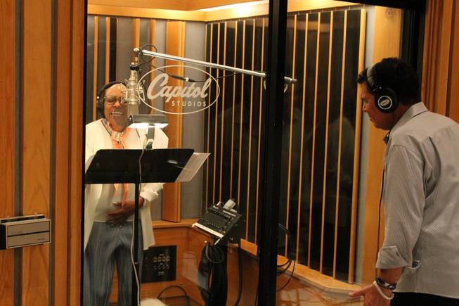 Dee Dee Bridgewater and Clint Holmes record an upcoming album in Studio A, aka the “Grammy Studio,” at Capitol Records on Thursday, July 10, 2014, in Los Angeles.
