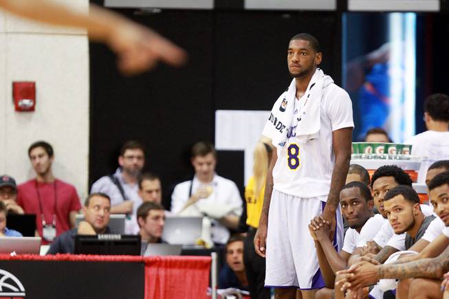 Los Angeles forward Roscoe Smith stands at the end of their bench during their NBA Summer League game against Toronto Friday, July 11, 2014 at Cox Pavilion.