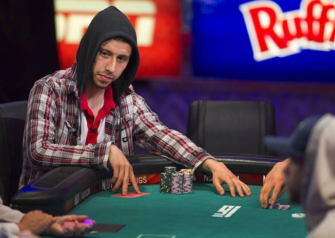 Andoni Larrabe of Spain competes during the World Series of Poker $10,000 buy-in No-limit Texas Hold 'em main event at the Rio Monday, July 14, 2014. Larrabe made it to the final table.