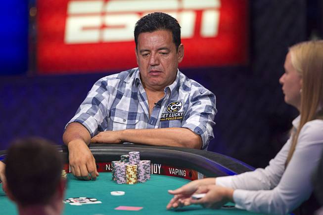 Luis Velador of Corona, Californiacompetes during the World Series of Poker $10,000 buy-in No-limit Texas Hold 'em main event at the Rio Monday, July 14, 2014. Velador finished in 10th place.