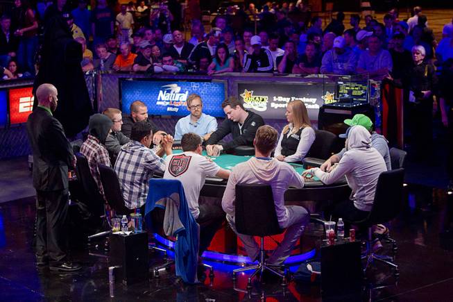Ten players compete for a place at the final table during the World Series of Poker $10,000 buy-in No-limit Texas Hold 'em main event at the Rio Monday, July 14, 2014.