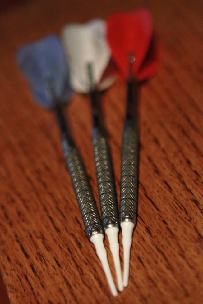 Soft tip darts are seen during a meeting of the Las Vegas Darts league Wednesday, July 2, 2014 at the Crowbar.