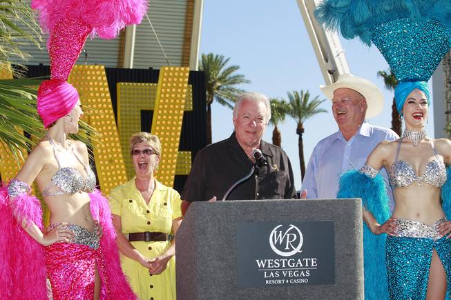 Westgate Resorts founder David Siegel is joined by Clark County Commissioners Chris Giunchigliani and Tom Collins at the unveiling of the sign for the former LVH on Wednesday, July 22, 2014.