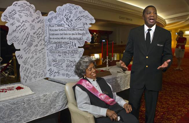 Colosseum usher Dorothy Brooks turns 90 today and is given kind words by asst. security manager Zach Scott during a birthday party for her before the Shania show at Caesars Palace on Wednesday, July 23, 2014.