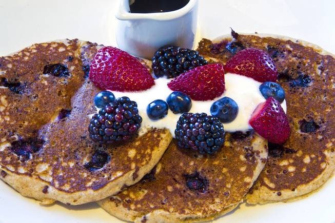 Quinoa buttermilk pancakes breakfast entree at the LYFE Kitchen at The District on Thursday, July 24, 2014.