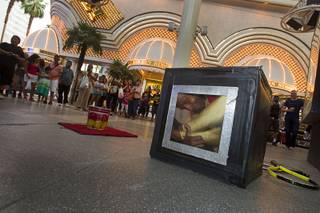 Contortionist Kelvin Gordon folds himself into a box during a performance at the Fremont Street Experience Sunday, July 27, 2014.