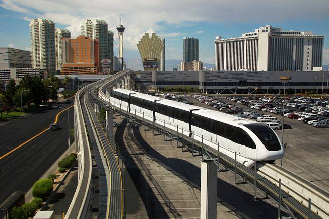 A train leaves the Convention Center station during the Las Vegas Monorail's 10th anniversary celebration Saturday, July 26, 2014.