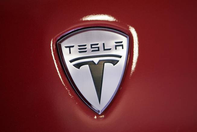 The front of a Tesla sports car at a showroom Dec. 9, 2008, in Menlo Park, Calif.