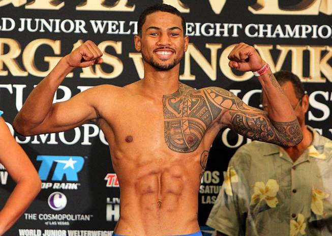 August 1, 2014, Las Vegas,Nevada ---  Shane Mosley Jr. and Jerome Jones  weigh in (Mosley Jr  159.6 lbs , Jones 161 lbs) for their upcoming fight on the undercard of Brandon Rios vs Diego Chaves fight, Saturday, August 2 in the Chelsea at the Cosmopolitan.