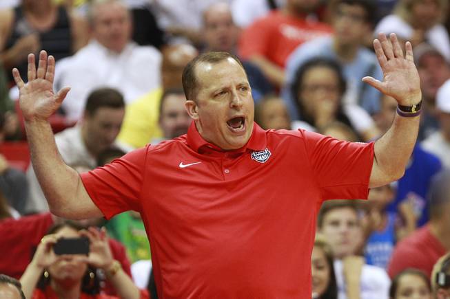 Coach Tom Thibodeau offers an opinion to a referee during the 2014 USA Basketball Showcase Friday, Aug. 1, 2014 at the Thomas & Mack Center.