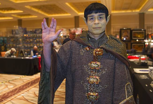 Luis Valentine of Canoga Park, Calif., dressed as .Vulcan Ambassador Soval, poses during the final day of the 13th annual Official Star Trek Convention at the Rio Sunday, Aug. 3, 2014.