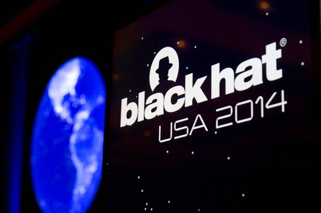 The Black Hat logo is shown on a podium during the Black Hat USA 2014 hacker conference at the Mandalay Bay Convention Center Aug. 6, 2014.