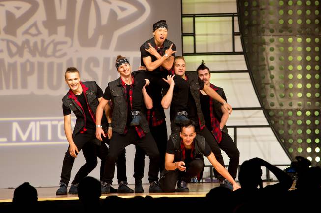 Russian dance crew 158 performs during the preliminary round of the World Hip-Hop Dance Championships at Red Rock Resort, Las Vegas, Wed Aug. 6, 2014.