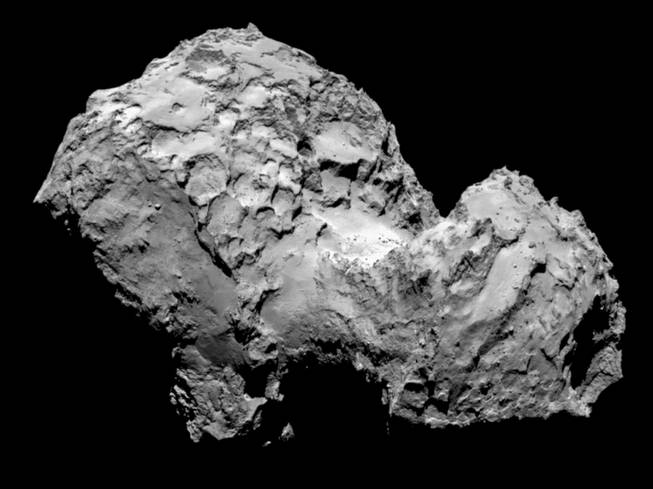 In this picture taken on Aug. 3, 2014, by Rosetta’s OSIRIS narrow-angle camera, Comet 67P/Churyumov-Gerasimenko is pictured from a distance of 285 kilometers.
