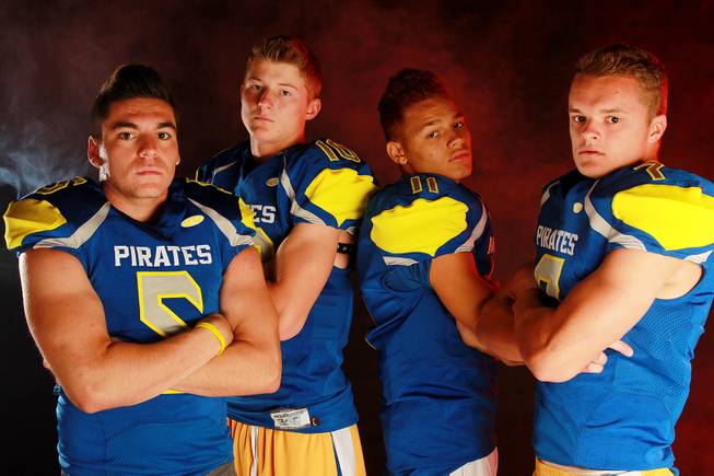 From left,  Moapa Valley High School football  players Andrew Huerta, Zach Hymas, Cole Mulcock and R.J. Hubert July 21, 2014.